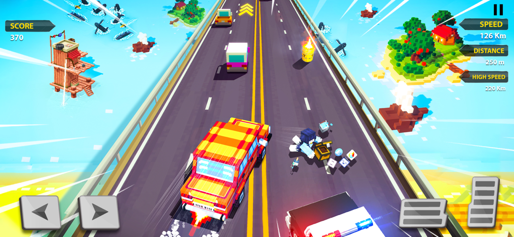 Gameplay of a blocky police chase game showing a red car racing on a highway with a police pursuit and on-screen controls.