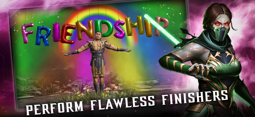 Mortal Kombat - Personaggio Jade accanto a uno schermo di finisher Friendship con palloncini arcobaleno in Mortal Kombat Mobile