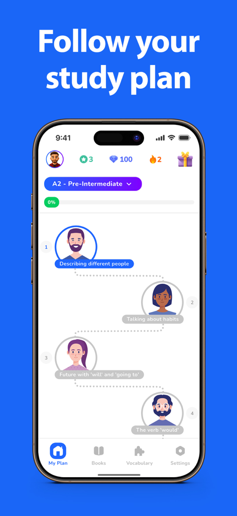 Una roadmap visiva che mostra un piano di studio personalizzato per l'apprendimento dell'inglese sull'interfaccia dell'app ENGO.