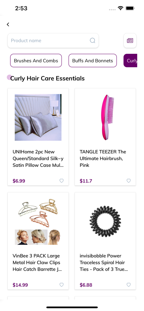 Curl Planet - Página de compras do aplicativo Curl Planet mostrando itens essenciais para cuidados com cabelos cacheados, como fronhas de seda e escovas de cabelo