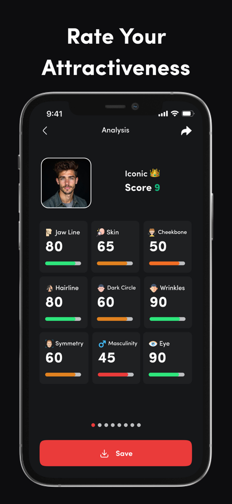 A mobile interface of the Umax AI app showing a detailed facial analysis scan with scores for jawline symmetry and masculinity.