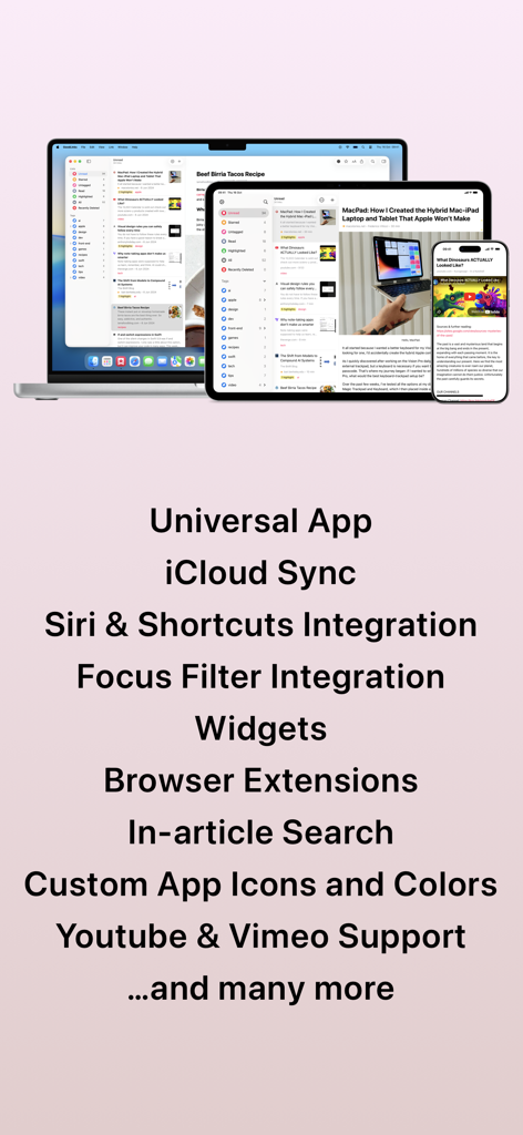 GoodLinks - GoodLinks app interface displayed on a MacBook, iPad, and iPhone showcasing universal sync and key features