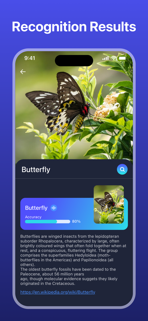 AI Cleaner Master - La aplicación AI Cleaner Master identifica una mariposa con un 80 por ciento de precisión e información descriptiva