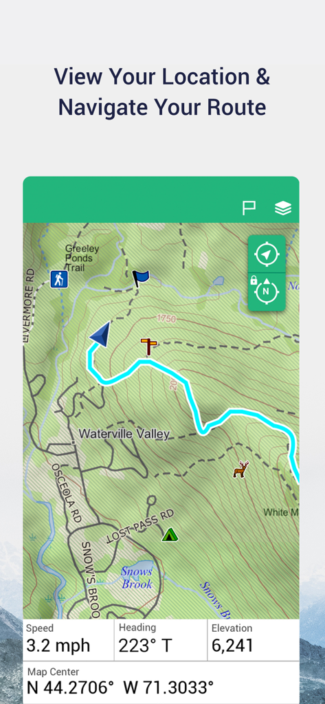 Earthmate - Garmin Earthmate app interface showing a topographic map with a hiking route and real-time GPS navigation data