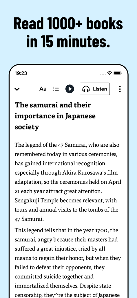 Fabula: Audiobook Summaries - Fabulaアプリのモバイル画面。サムライの歴史に関する書籍要約が表示された読書インターフェースを表示。