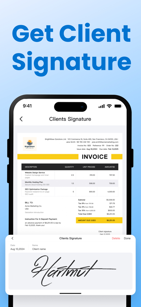Pantalla de la aplicación móvil InvoiceNow que muestra una firma digital del cliente en una factura de servicio profesional