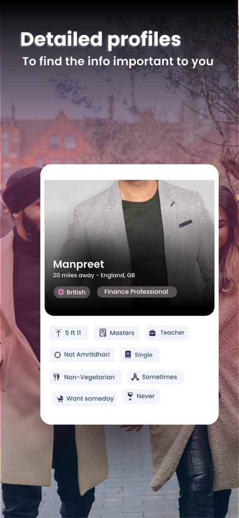 A detailed user profile on the Sikhing dating app showing personal info and religious lifestyle preferences