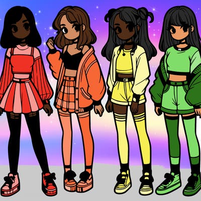 one girl with crop-top shirt and a jacket with a skirt, long socks and another girl with a shirt and pants with a jacket