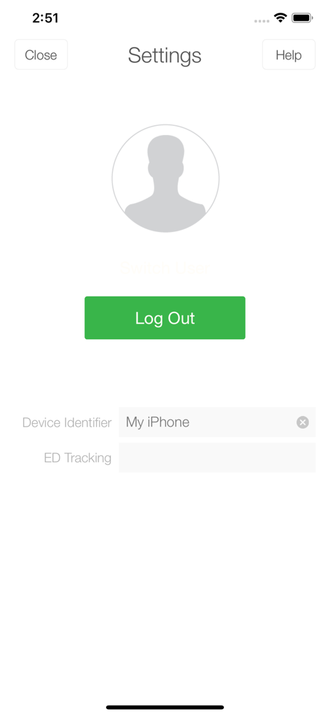 Qualtrics Surveys - Pagina delle impostazioni dell'app Qualtrics Surveys con un pulsante di logout e un campo per l'identificativo del dispositivo