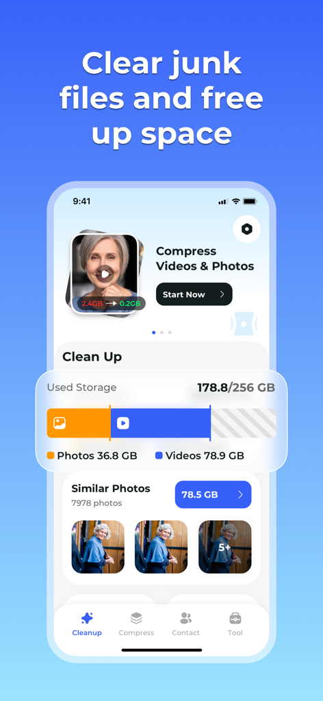 Interface of the Pixel Cleaner app showing used storage stats and options to clear similar photos and compress media