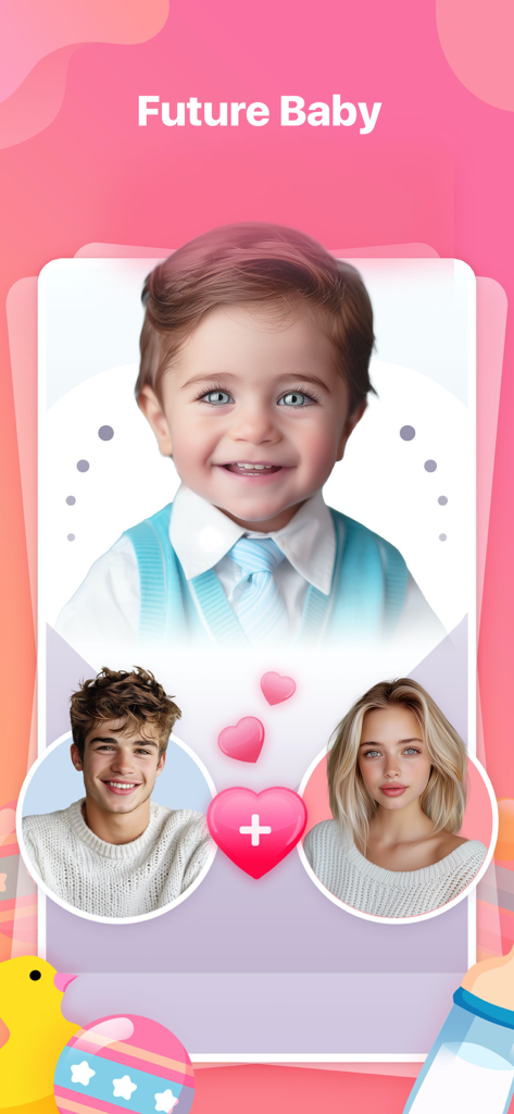 Ms Yvonne app future baby generator feature showing a predicted baby face from photos of two parents.