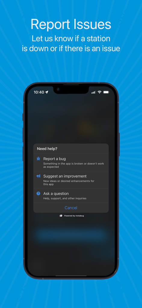 FPL EVolution app interface showing the help menu to report charging station issues or app bugs