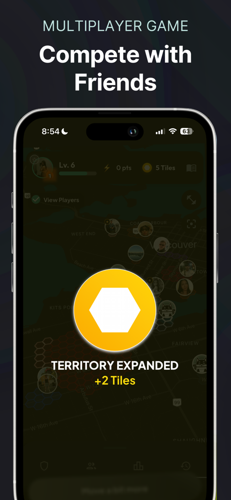 Checkin: Fitness Tracker Game - A screenshot of the Checkin app showing a territory expansion notification on a city map.