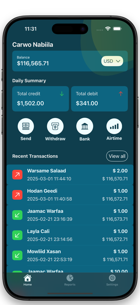 WAAFI Business app home screen showing account balance daily financial summary and recent transaction history