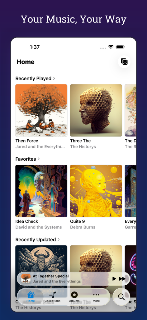 MiniMoon Music - La pantalla de inicio de la aplicación MiniMoon Music mostrando álbumes reproducidos recientemente y favoritos en un diseño minimalista y limpio.