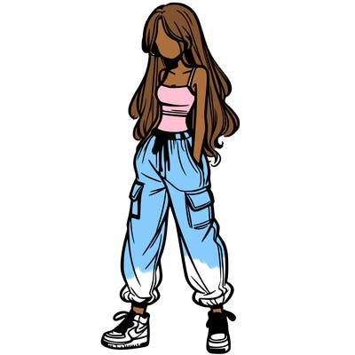 girl in baggy pants crop top and long hair