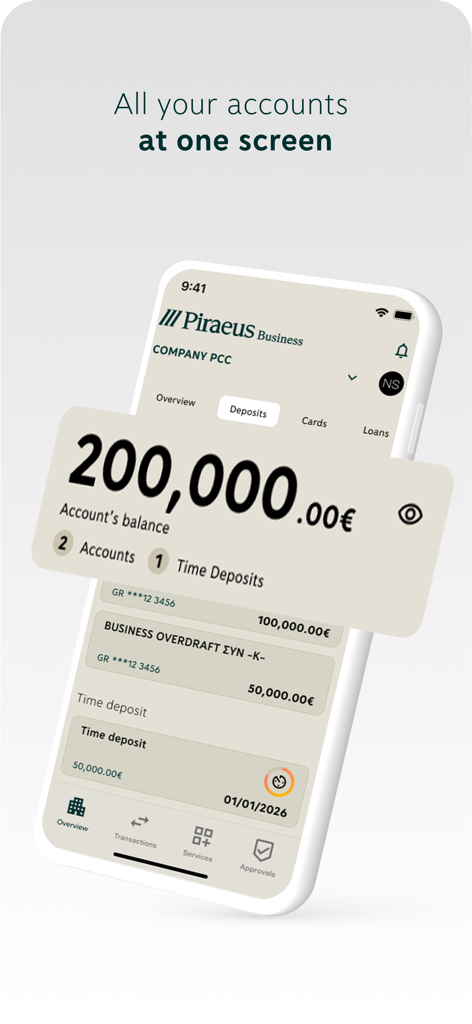 Piraeus Business app interface showing total account balance and a summary of business deposits
