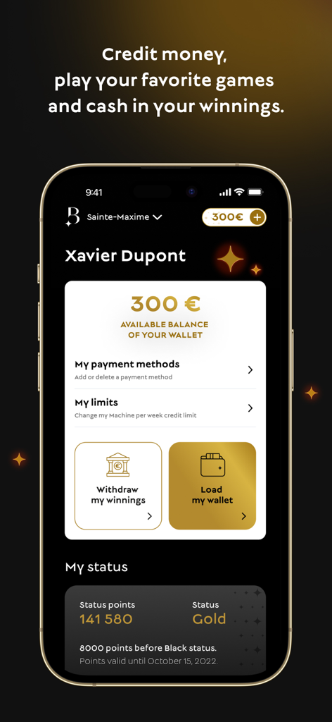 Barrière Play - Mon Casino - カジノウォレット残高とVIPロイヤルティステータスを表示するモバイルアプリインターフェース