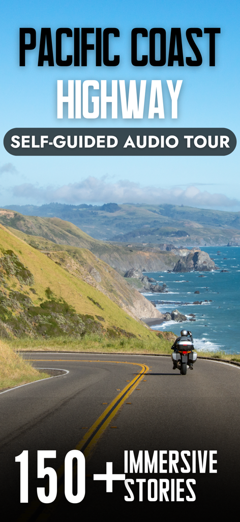 A motorcyclist driving on a scenic coastal road along the Pacific Coast Highway with text describing a self-guided audio tour.