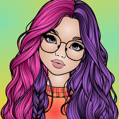 girl with long hair and freckles and glasses realistic