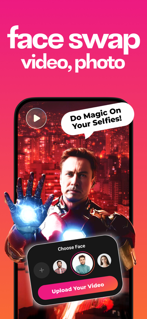 A mobile app interface showing a face swapped onto a superhero character using AI technology