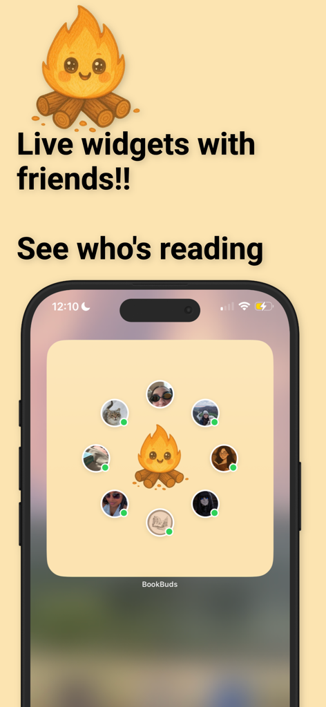 BookBuds live widget on an iPhone showing friends reading together around a virtual bonfire