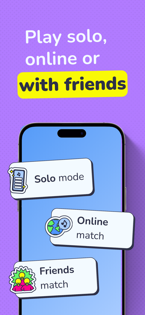 Mukiz - Guess the song - Un écran mobile de Mukiz montrant trois modes de jeu : Mode Solo, Match en ligne et Match entre amis.