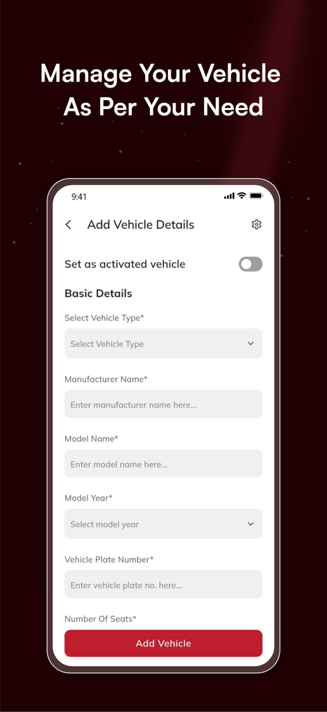 Ryde Dymond Driver - Ryde Dymond Driver 앱에서 차량 세부 정보를 추가하는 인터페이스