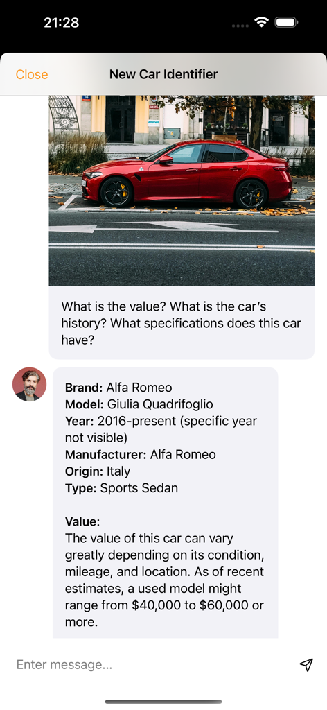 Car Identifier - Car Identifier app interface displaying detailed specifications and market value for an Alfa Romeo Giulia.