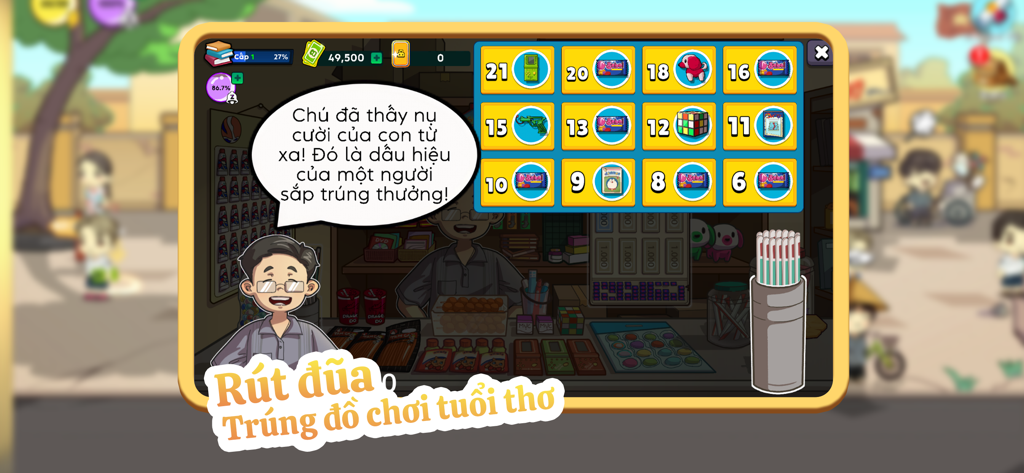 Trở Về Tuổi Thơ - Uma captura de ecrã do jogo Return to Childhood mostrando um personagem numa banca de rua tradicional com um minijogo de rifa de brinquedos