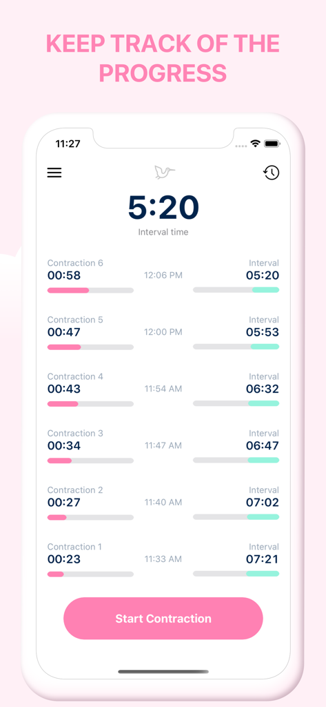 Labor contraction and interval tracking progress screen in the Storky app