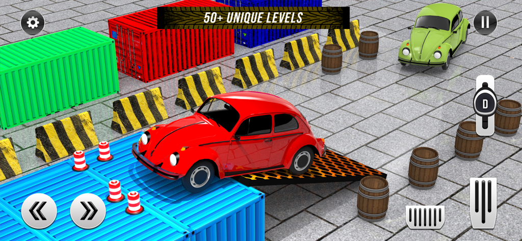 Car Parking Offline - Red vintage car driving through an obstacle course in a parking simulation game.