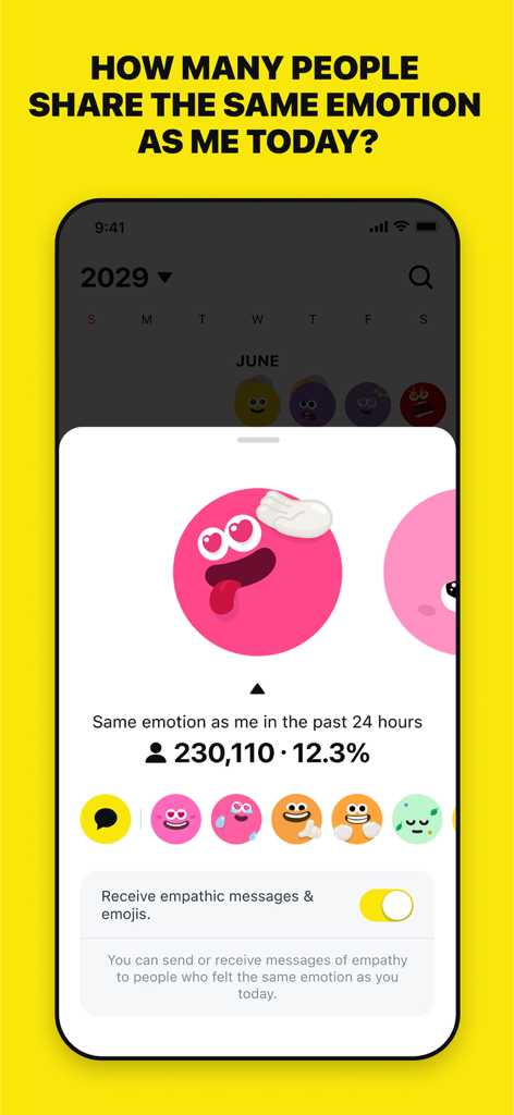 Emolog app interface showing the number of users who shared the same emotion in the past 24 hours with a pink heart eyed emoji