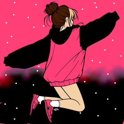 realistic girl jumping with a bun and oversized sweatshirt