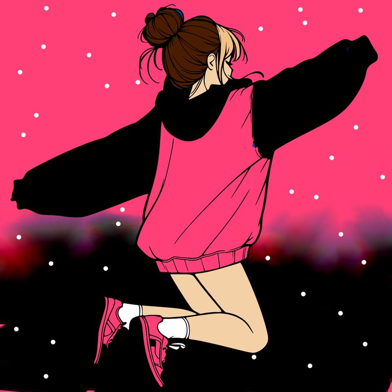 realistic girl jumping with a bun and oversized sweatshirt