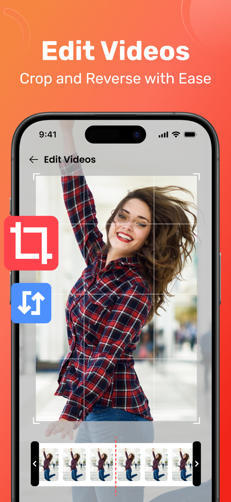 All Video Downloader & Play - Mobile App-Bildschirm, der Werkzeuge zur Videobearbeitung durch Zuschneiden und Umkehren zeigt.
