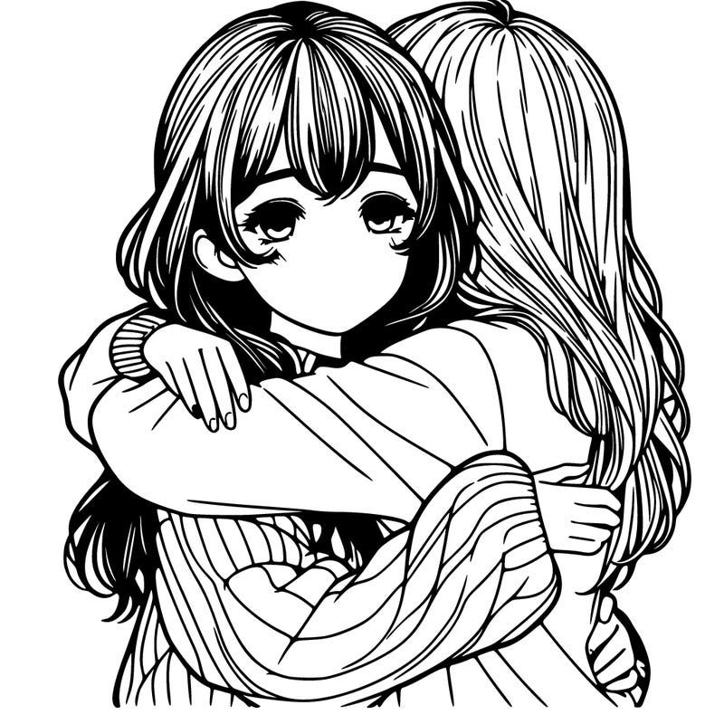realistic girl hugging another girl with sweater