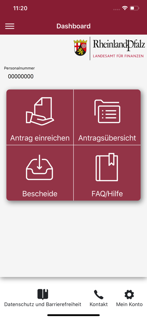 Dashboard der eBeihilfe RLP App mit Navigationskacheln für die Einreichung von Anträgen, die Anzeige von Antragsübersichten, den Zugriff auf Bescheide und Hilfe.