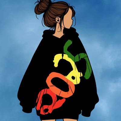 realistic girl with a oversized sweatshirt on and a bun
