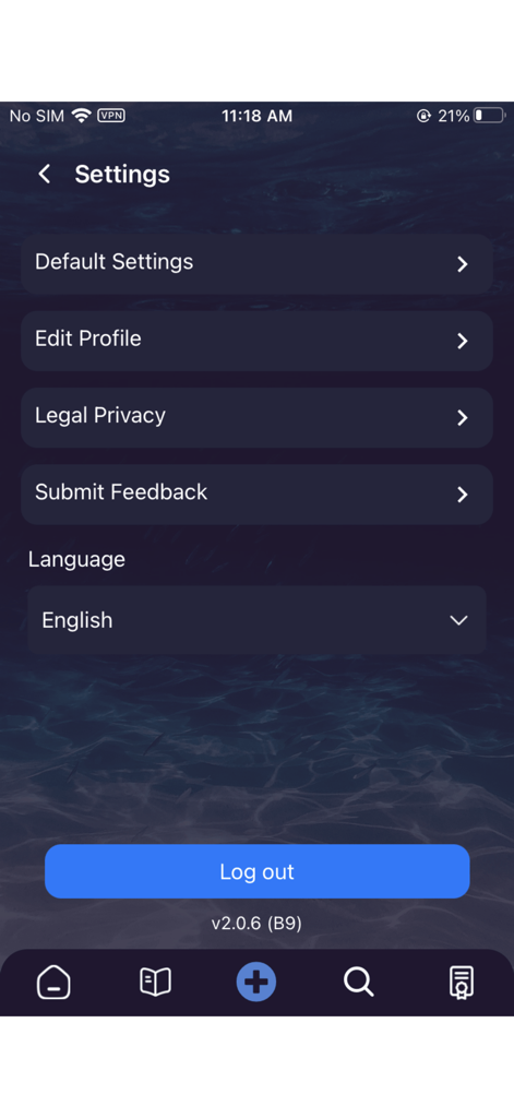Menú de configuración de la aplicación de buceo SDI TDI ERDI PFI.