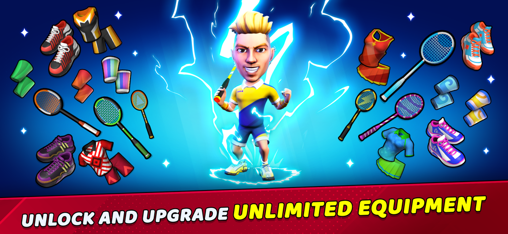 Badminton Clash 3D - A 3D character surrounded by various unlockable badminton rackets and sports gear