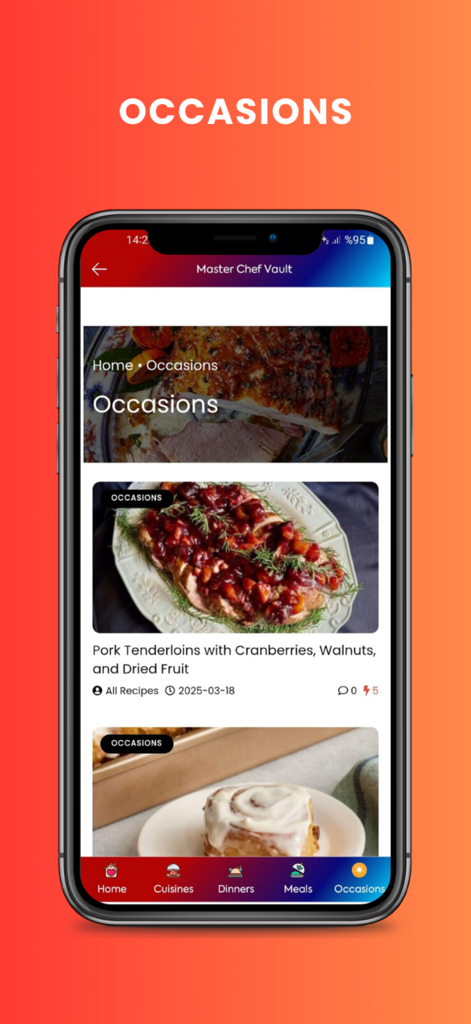Master Chef Vault: Recipes - Captura de pantalla de la aplicación Master Chef Vault que muestra la categoría Ocasiones con recetas como lomos de cerdo y rollos de canela.