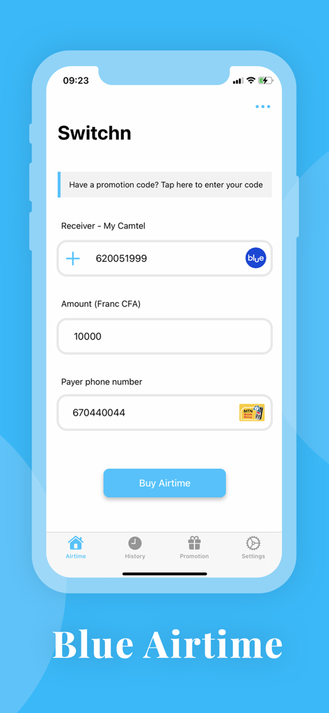 Interface de l'application Switchn pour l'achat de crédit Blue au Cameroun.