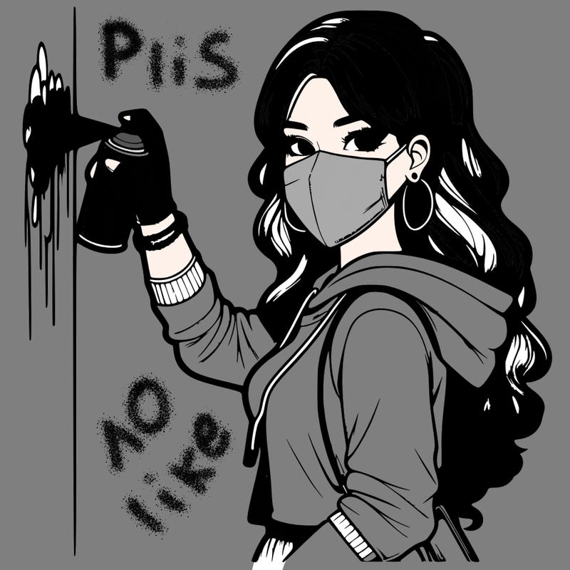 realistic girl with mask spray painting a wall