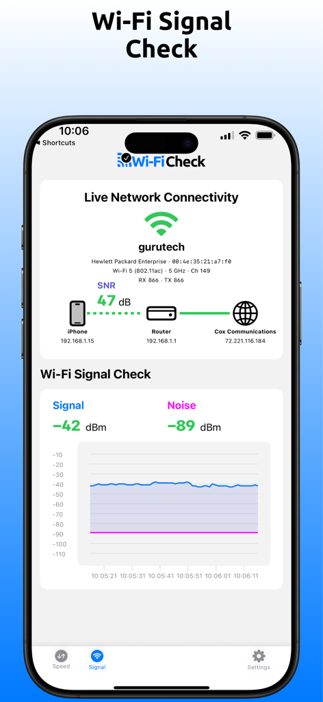 Wi-Fi Check - Speed Test - Interface of Wi-Fi Check app showing real-time signal strength and noise metrics with a live connectivity map