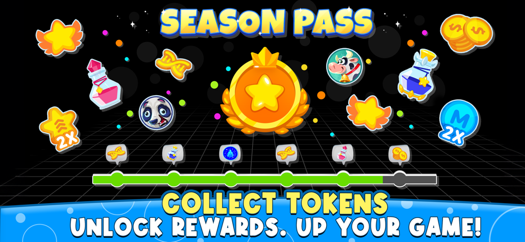 Agar.ioシーズンパスメニュー、収集可能なトークンとアンロック可能なゲーム報酬が表示されている