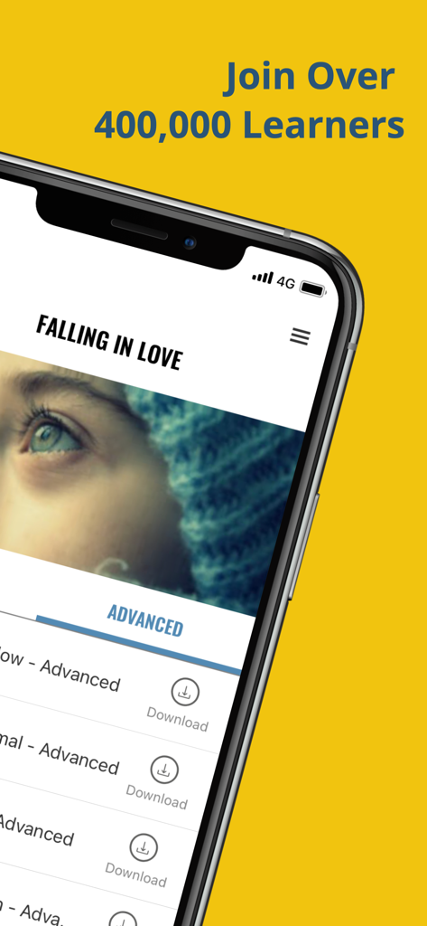 Deep English Learning - Deep English Learning mobile app showing an advanced level lesson interface on an iPhone with a background that says Join Over 400000 Learners