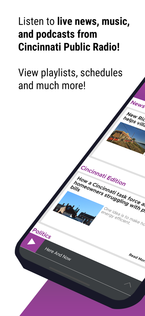 Cincinnati Public Radio - Cincinnati Public Radio app interface showing local news stories and live audio controls