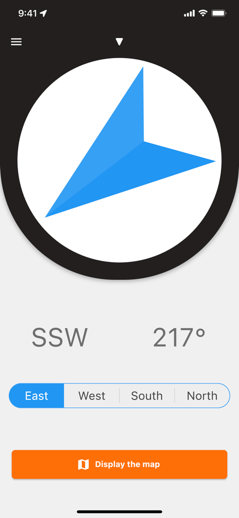 Digital compass interface displaying direction and degrees in the NSEW Compass app.