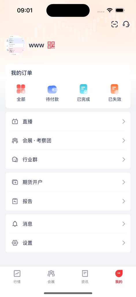 User account profile page in SMM Pocket app featuring order history and industry tools